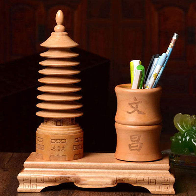 摆件异客居九层桃木文昌塔笔筒雕刻工艺办公室文昌摆件