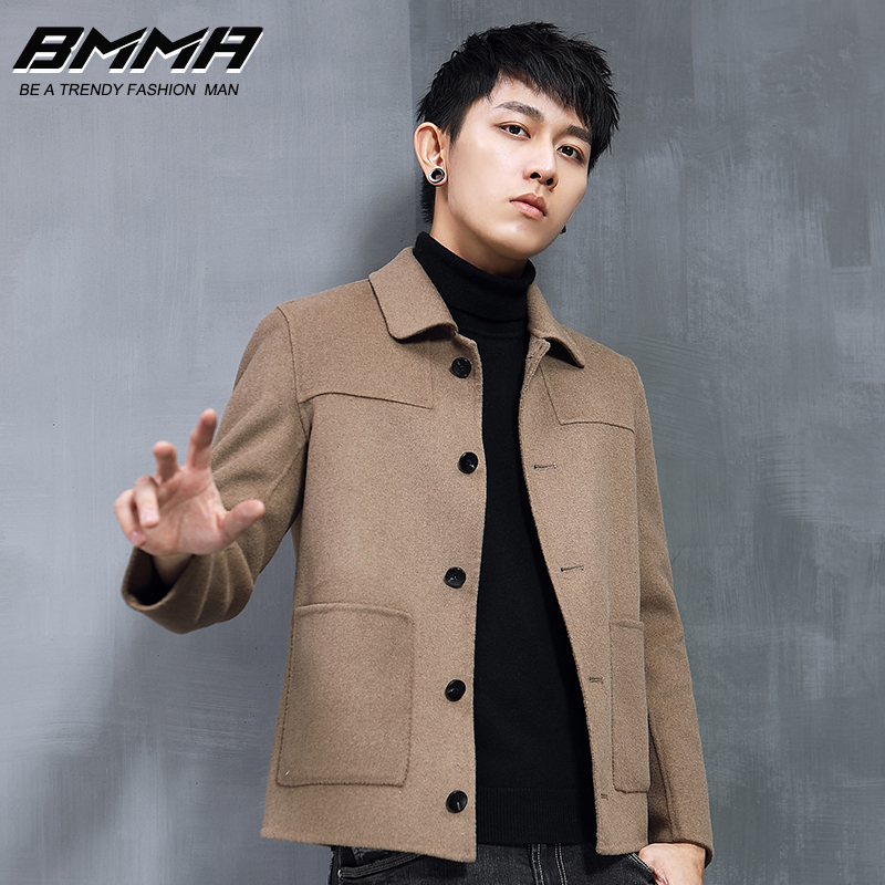 2021秋季新款双面呢大衣男士无羊绒翻领休闲短款夹克羊毛呢子外套