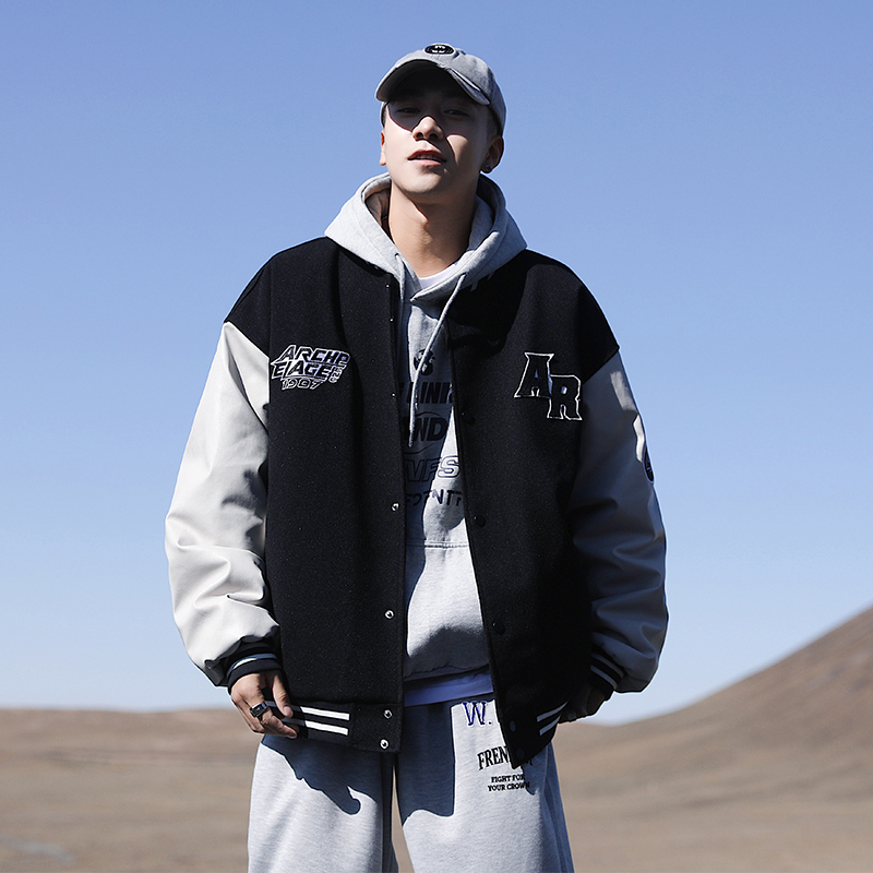 撞色夹克男秋冬潮流学生宽松嘻哈加棉棒球服运动潮牌痞帅冬装外套