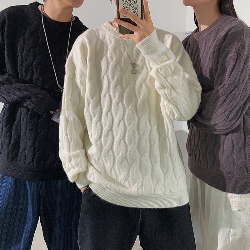 毛衣男秋冬季厚款宽松韩版潮流纯色针织衫港风圆领休闲情侣上衣服