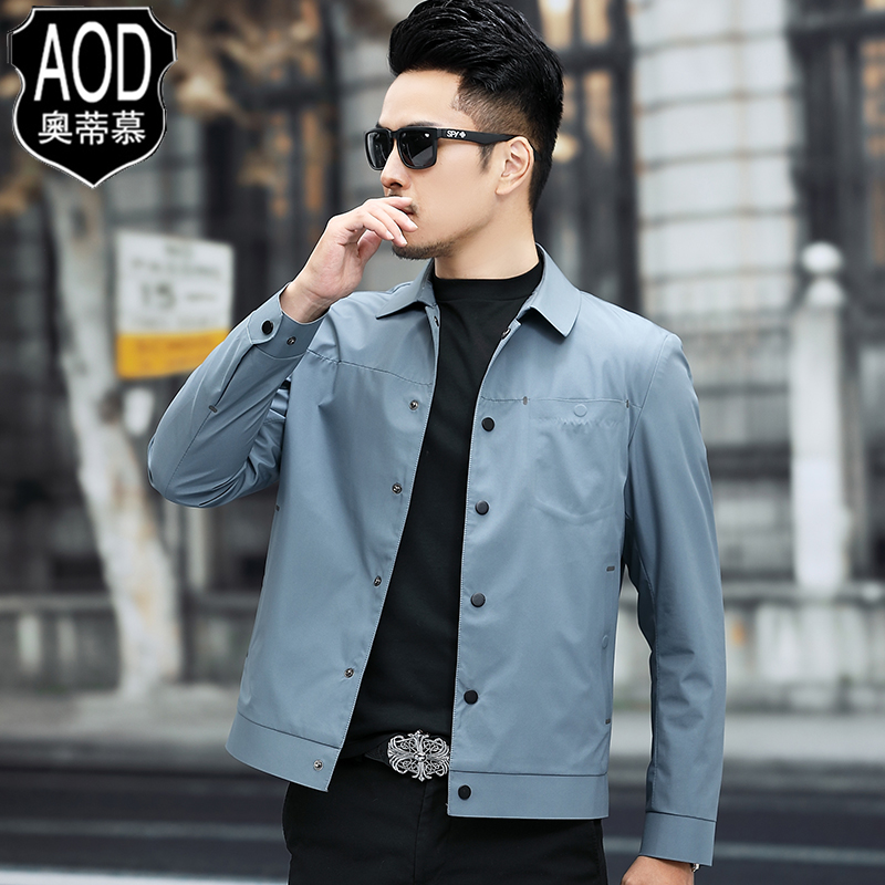 2021秋季新款夹克男短款翻领简约百搭高端压胶上衣春秋休闲薄外套