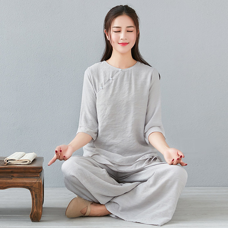 茶艺师服装女禅意女装棉麻两件套装复古中国风佛系居士衣服素衣