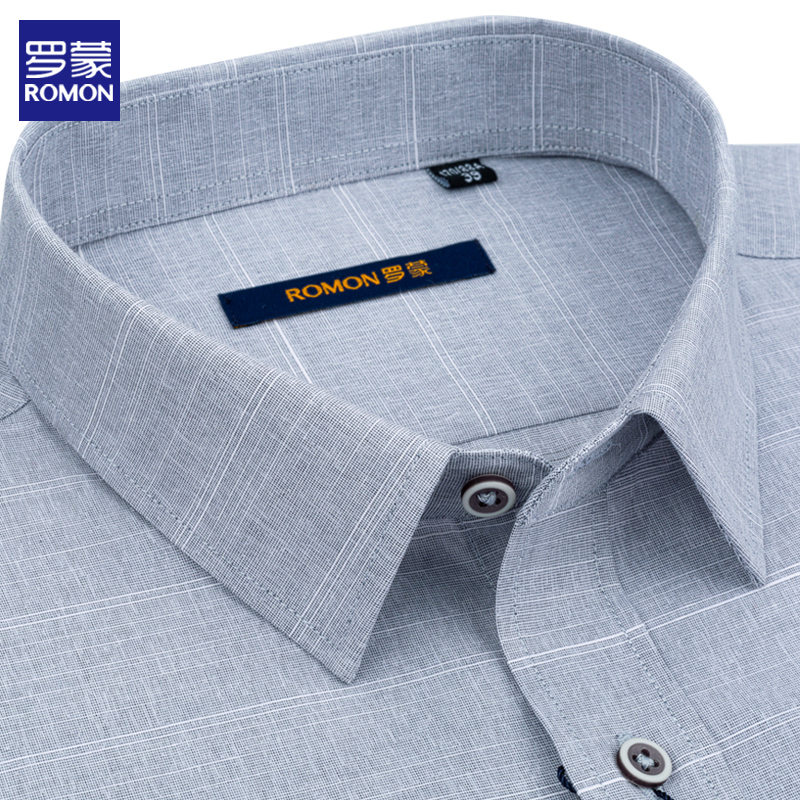 罗蒙灰色男士短袖衬衣中青年抗皱潮格纹商务休闲爸爸装夏半袖衬衫