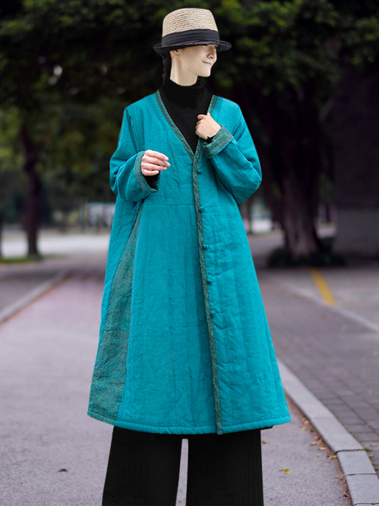 笔墨春款复古中式亚麻中长棉衣夹棉盘宽松加厚棉衣