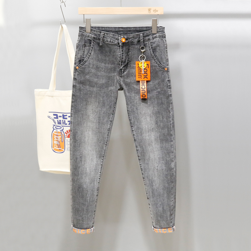 牛仔九分裤男春秋新款薄款韩版简约百搭做旧裤脚翻边印花潮流小脚