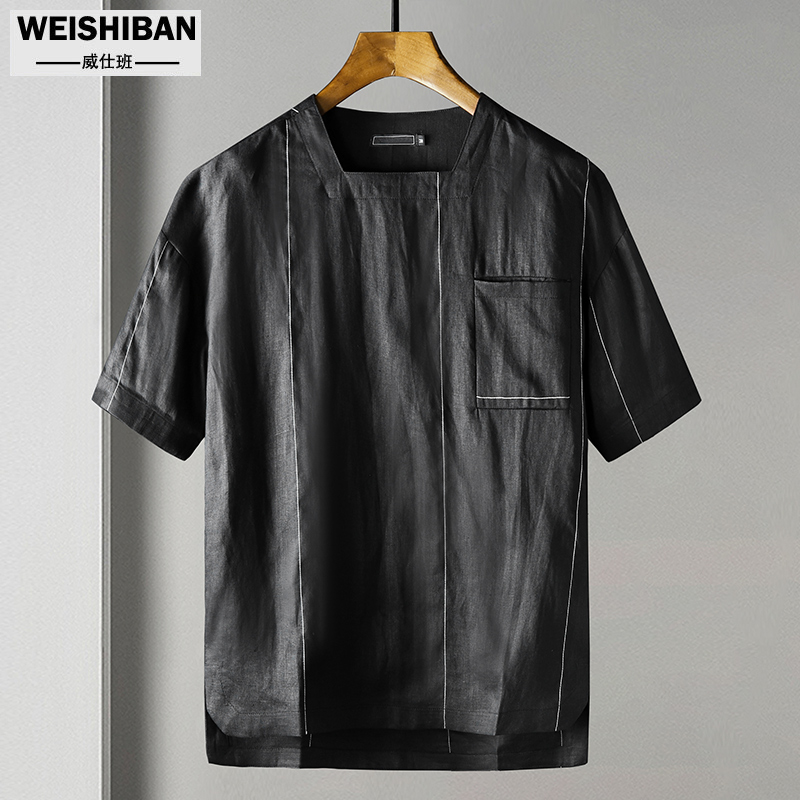 夏季亚麻方领短袖t恤男缉明线简约条纹宽松体恤男纯麻料透气上衣