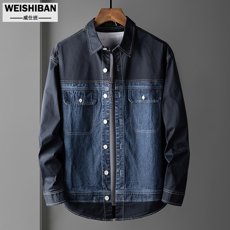 秋季2020新款拼接撞色宽松牛仔衬衫男士翻领时尚工装潮流帅气外套