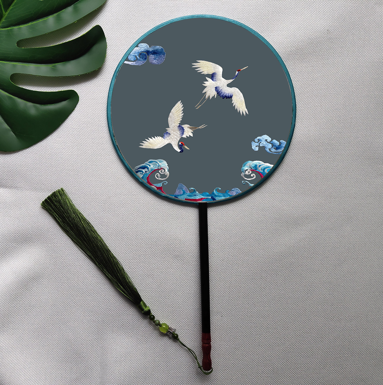 苏绣diy团扇套件初学材料针迹仙鹤祥云圆扇苏绣