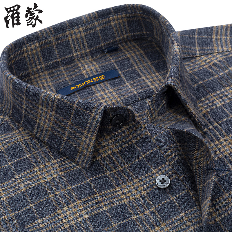 罗蒙磨毛格子纯棉衬衫男长袖秋季宽松中老年爸爸全棉男士休闲衬衣