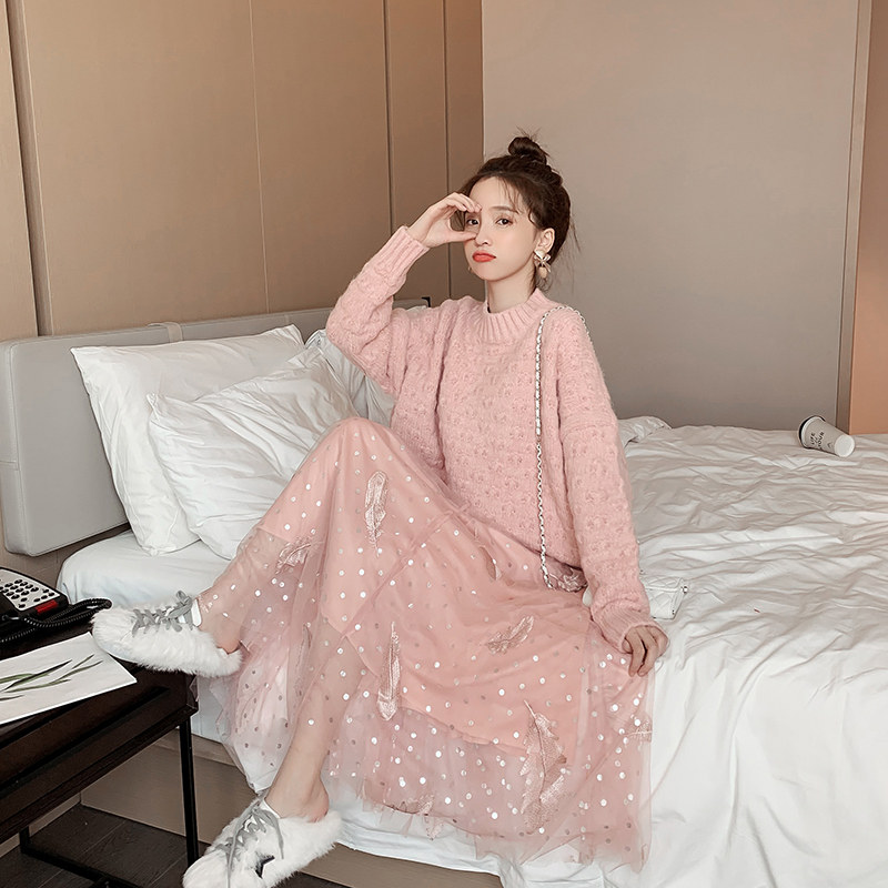 减10网纱蕾丝雪纺半身裙女裙子韩版宽松2019新款秋冬季粉色中长款