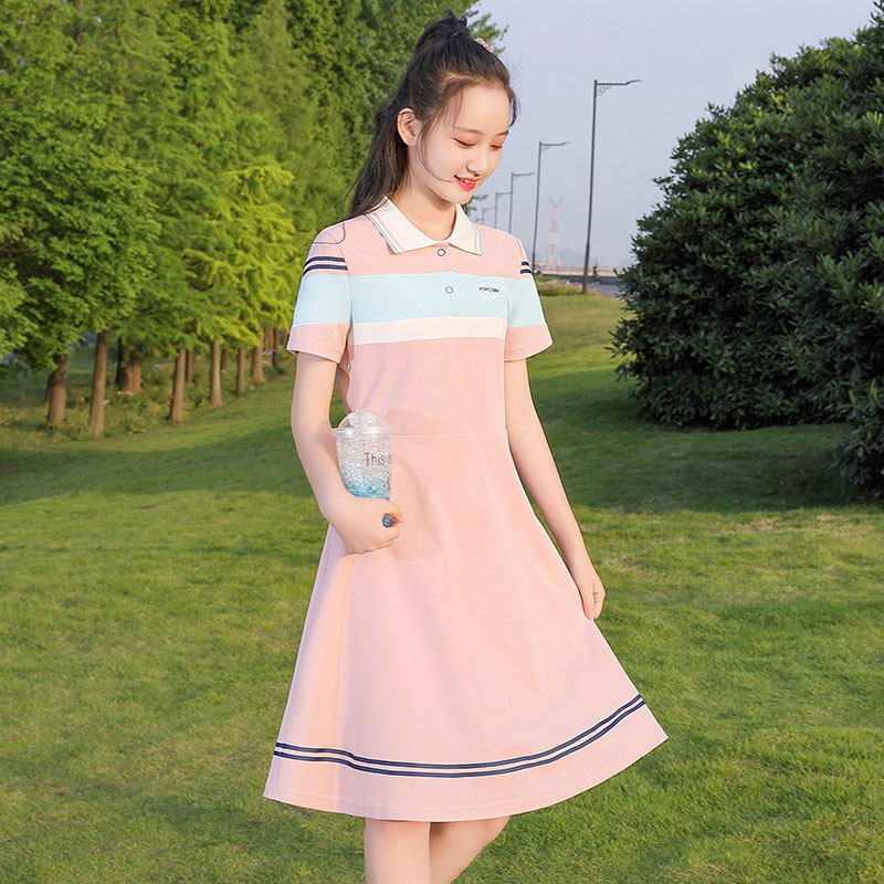 初中生polo连衣裙短袖2021夏季收腰韩版学院风高连衣裙