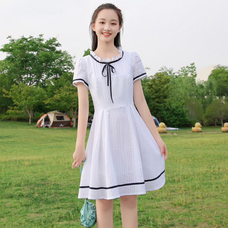 少女小清新连衣裙夏季中长学院白色纯棉初中生高中生连衣裙