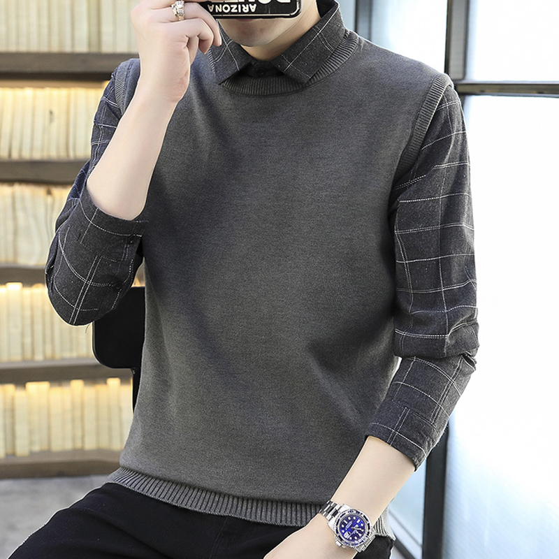 2022冬季假两件毛衣男套头衬衫领马甲针织衫青年韩版潮流背心毛衣