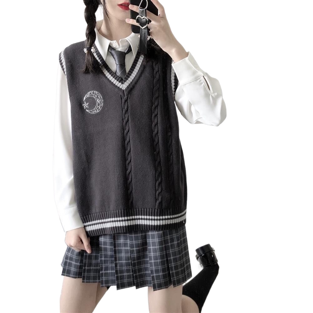 学院风新款jk秋冬日月星辰毛衣马甲背心女学生韩版宽松百搭针织衫