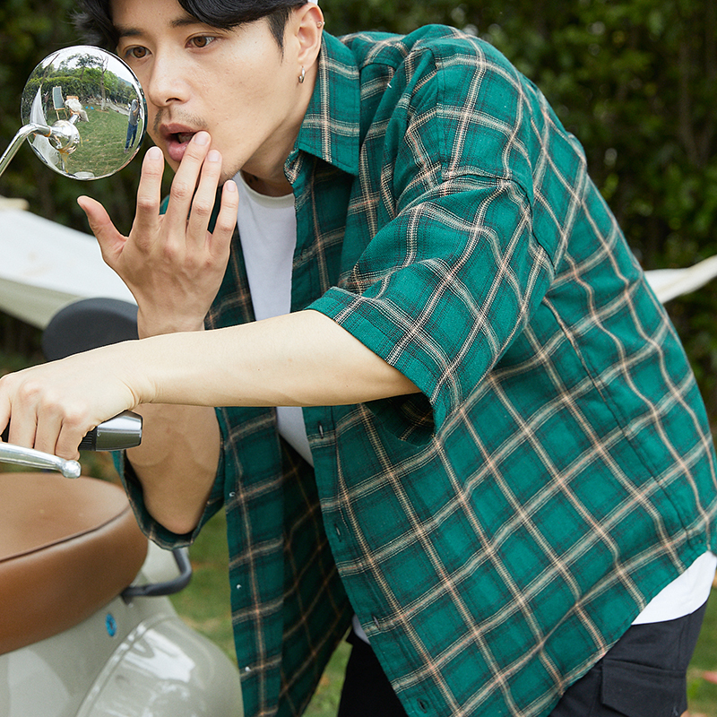 semin pure oversize墨绿格子衬衫男日系复古五分袖短袖半袖衬衣