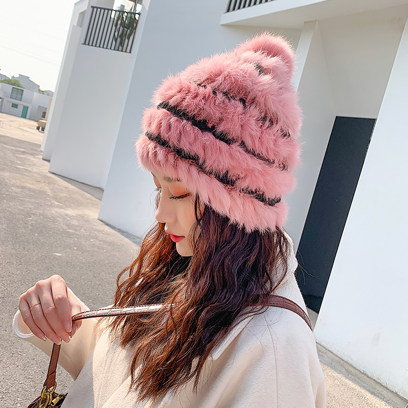 兔毛帽子女秋冬季百搭獭兔毛毛月子毛线帽皮草冬天时尚潮2021新款