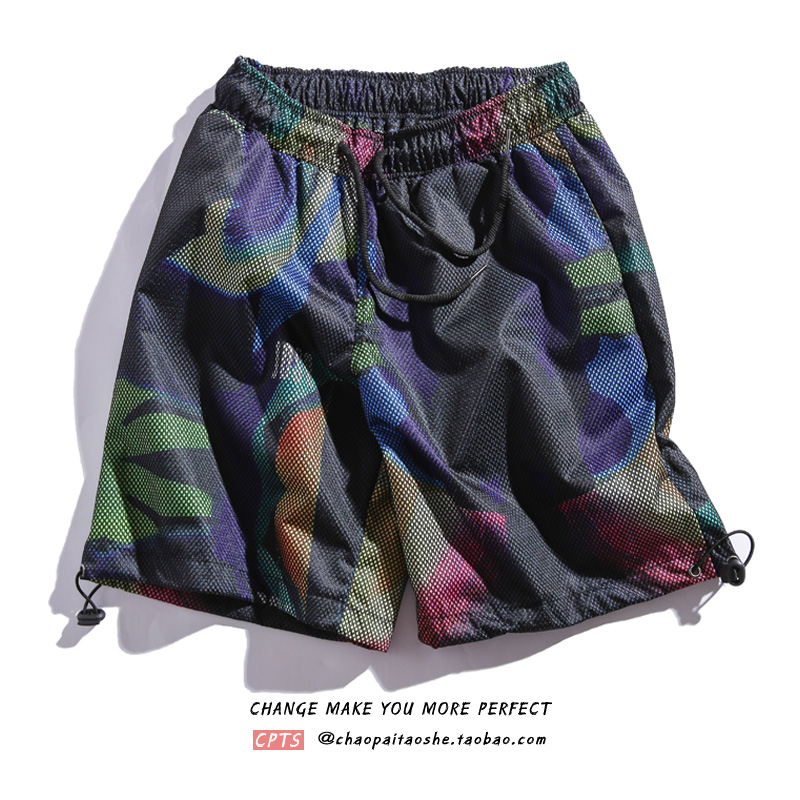 潮牌余文乐夏季彩虹网状短裤日系情侣宽松运动裤新款休闲布裤男裤