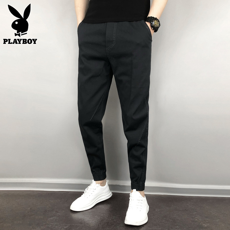 花花公子夏季休闲裤男士哈伦裤潮流纯棉修身小脚工装裤九分男裤子