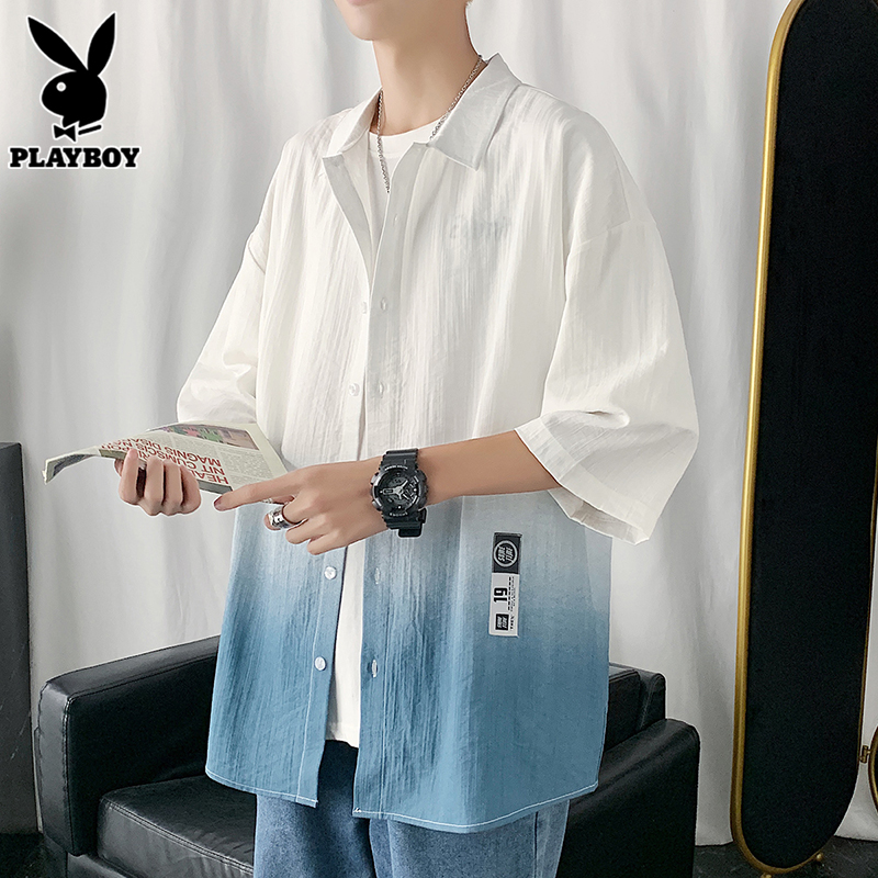 花花公子渐变色短袖衬衫男士夏季潮牌冰丝五分七分袖衬衣外套男装