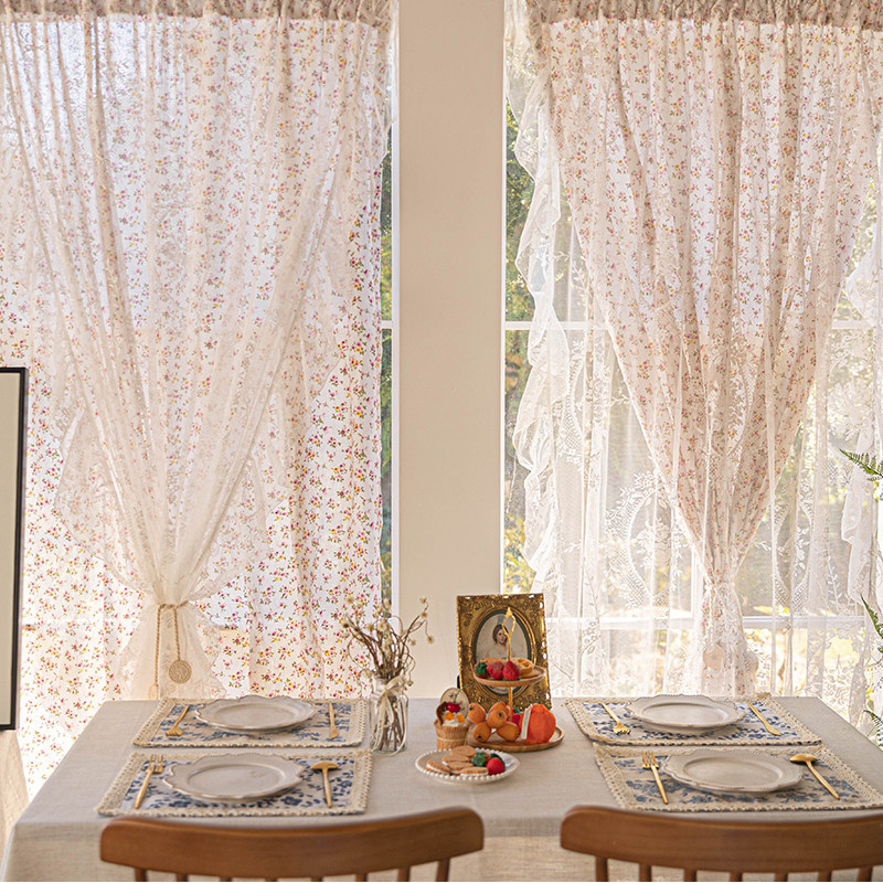 美式田园碎花窗帘法式蕾丝少女布纱一体遮光定制窗帘
