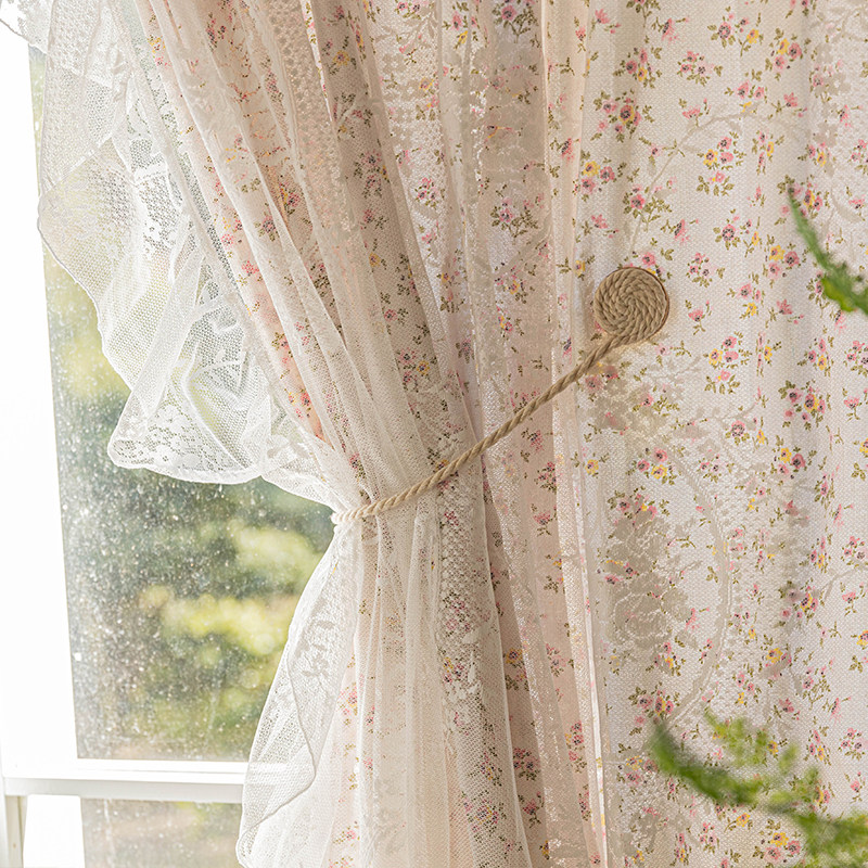 美式田园碎花窗帘法式蕾丝少女布纱一体遮光定制窗帘
