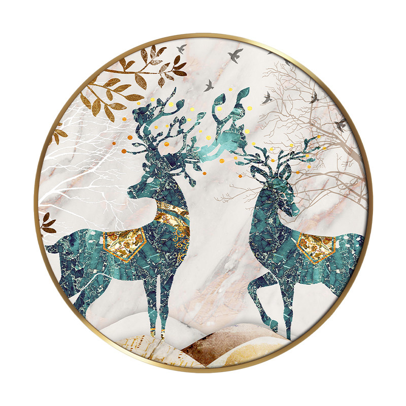 招财圆形现代客厅装饰画轻奢玄关鹿鹿高升进门现代装饰画