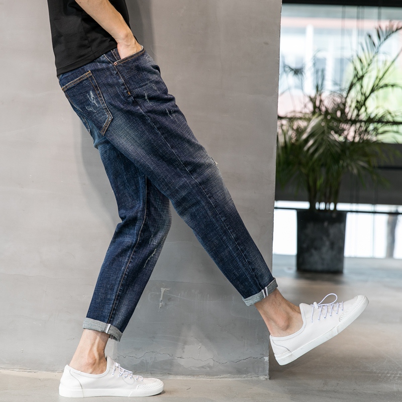春秋款宽松牛仔裤男直筒复古九分裤纯棉水洗弹力9分男裤裤子潮流