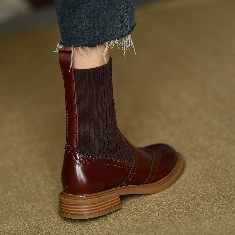 美迪棕色短靴女平弹力靴女圆头袜平底靴女秋冬弹力靴