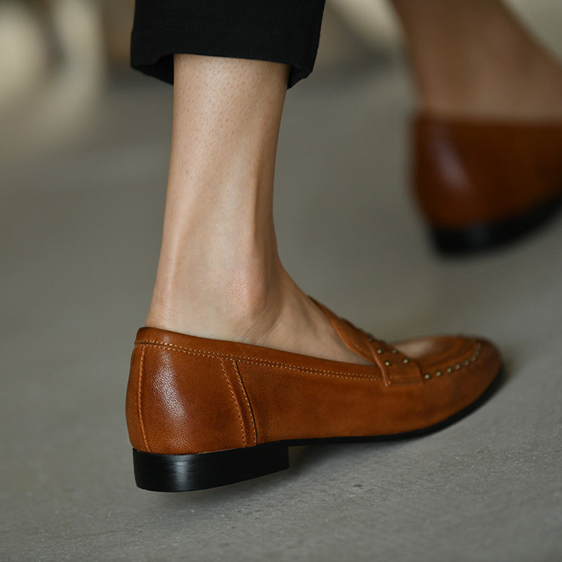 鞋女美迪乐福棕色平底圆头鞋子子女春季新款乐福鞋豆豆鞋