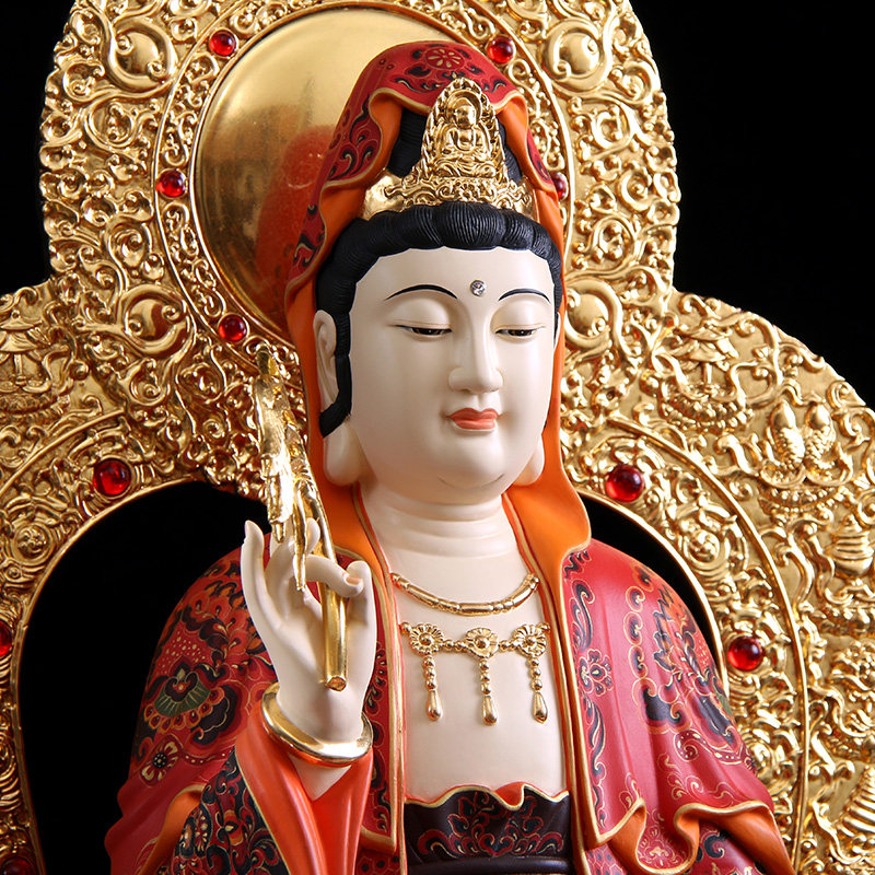 观音圆通佛具纯铜贴金菩萨手工彩绘金刚座娑摆件