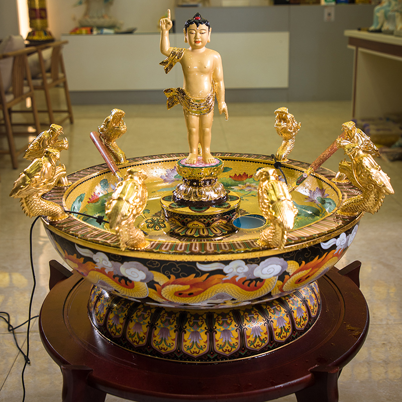 台湾宝华正品景泰蓝浴佛盆纯铜贴金九龙龙浴佛盆摆件