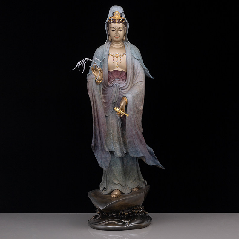 台湾纯铜南海观音佛像供奉家用观世音菩萨站像装饰摆件