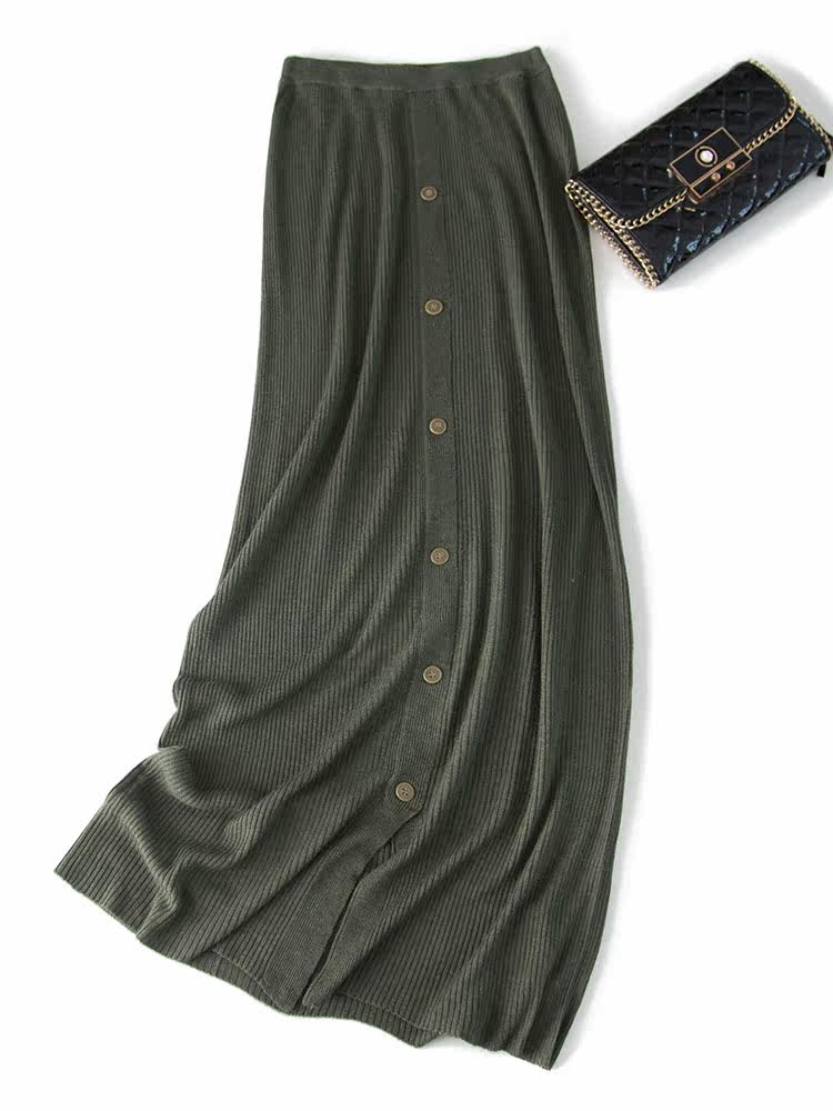 显瘦气质复古古风针织高腰中长单排扣裙百搭半身裙