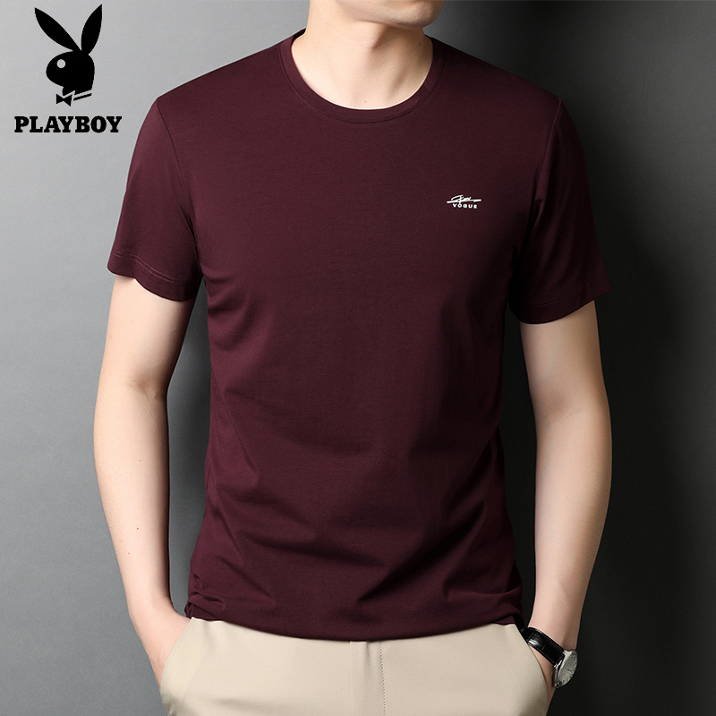 [全棉]花花公子深红色T恤男士短袖圆领夏季薄款休闲宽松纯棉男装