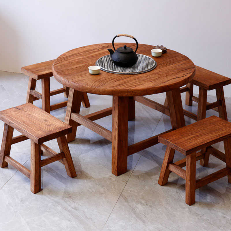 茶桌榆木家用小茶台功夫实木禅意小圆圆桌桌椅茶几