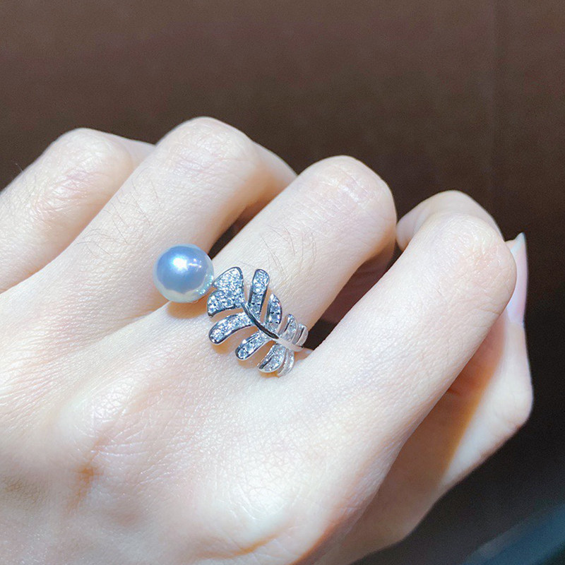 4ever纯银羽毛戒指女天然色akoya灰色海水珍珠手饰