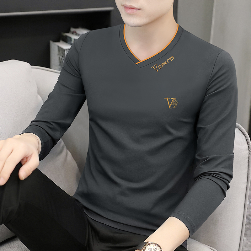 2件】长袖T恤男2021男装新款秋衣加绒加厚打底衫内搭保暖v领上衣-