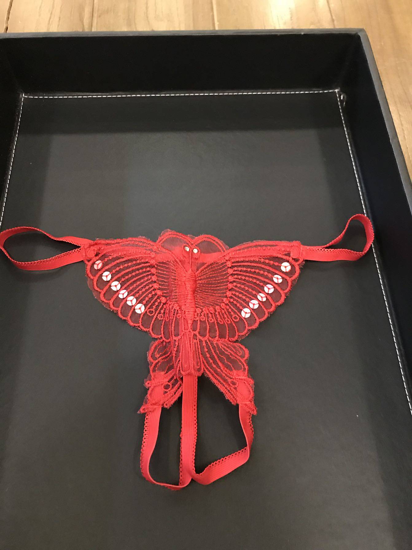 黑色红色蝴蝶丁字裤透明透明性性感诱惑内裤平角裤