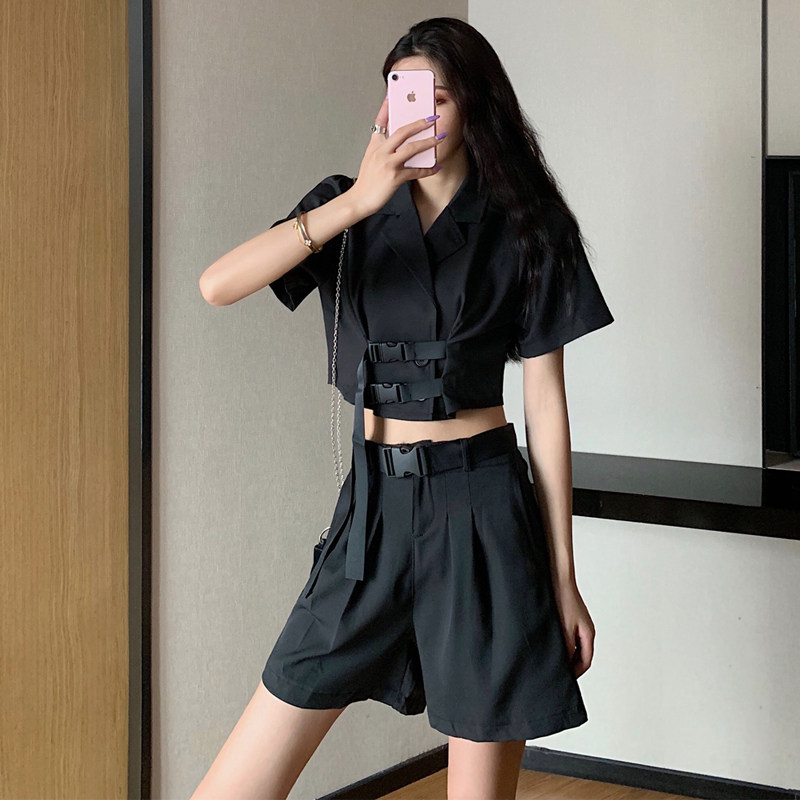 露脐西装短款上衣女夏季宽松bf酷帅气嘻哈高腰阔腿短裤工装套装潮