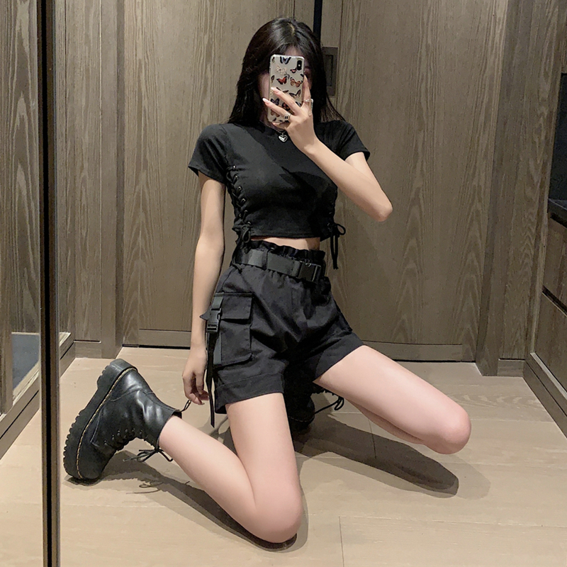 帅气高腰阔腿短裤女夏季酷酷风格女装嘻哈街头bm风上衣工装套装潮