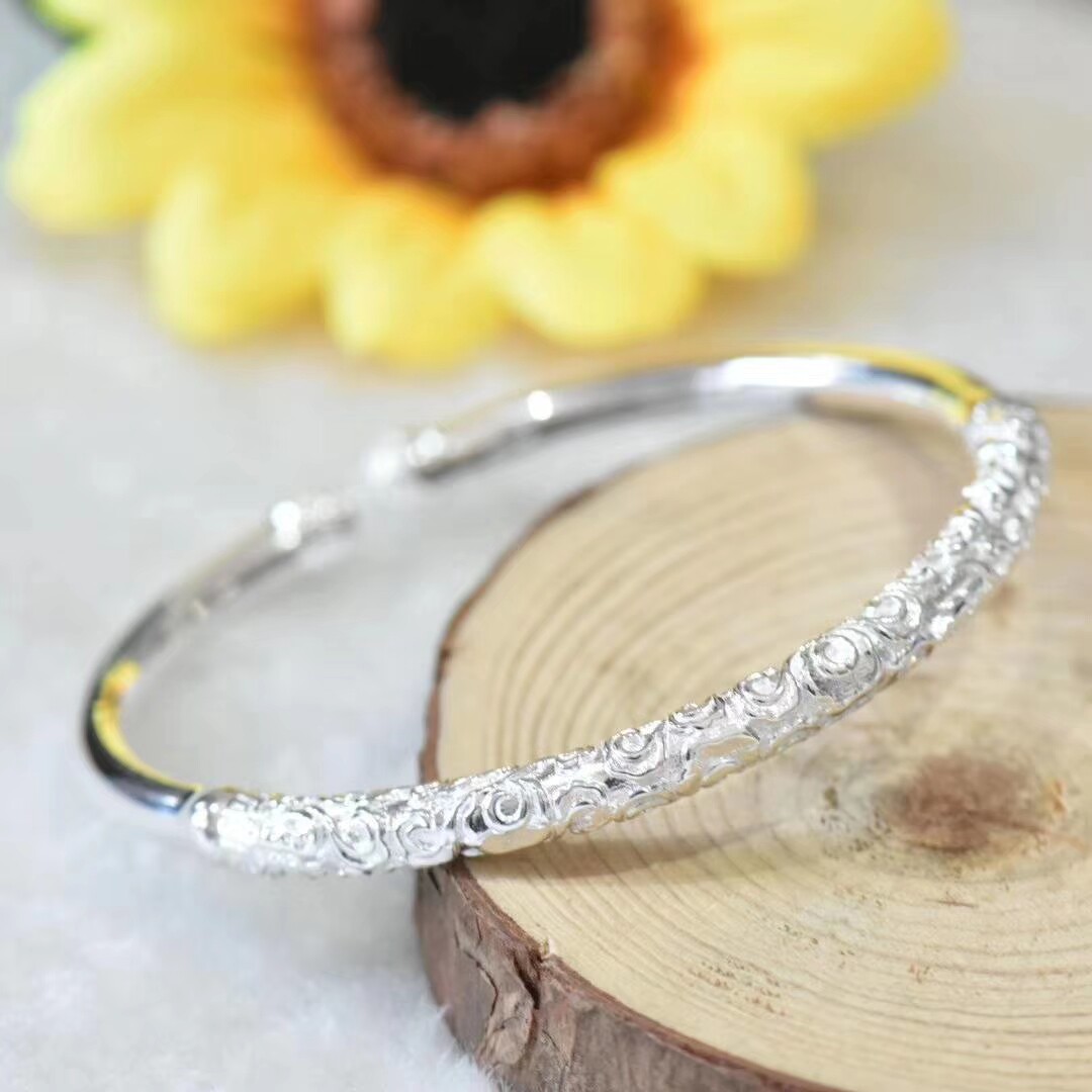 民族风实心足银云南雪花银祥祥云如意金箍棒纯银手镯