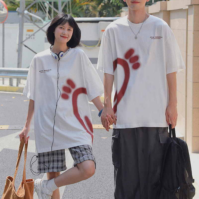衫岛夏季短袖T恤男潮流设计感趣味宽松ins爱心印花不一样的情侣装