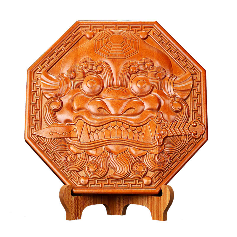 八卦桃木兽头镜狮咬剑虎头狮子摆件牌门木雕木雕