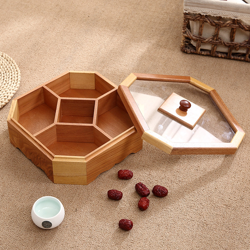 中式糖果盒家用客厅分格带盖密封实木干果盒结婚用糖果盘坚果盘