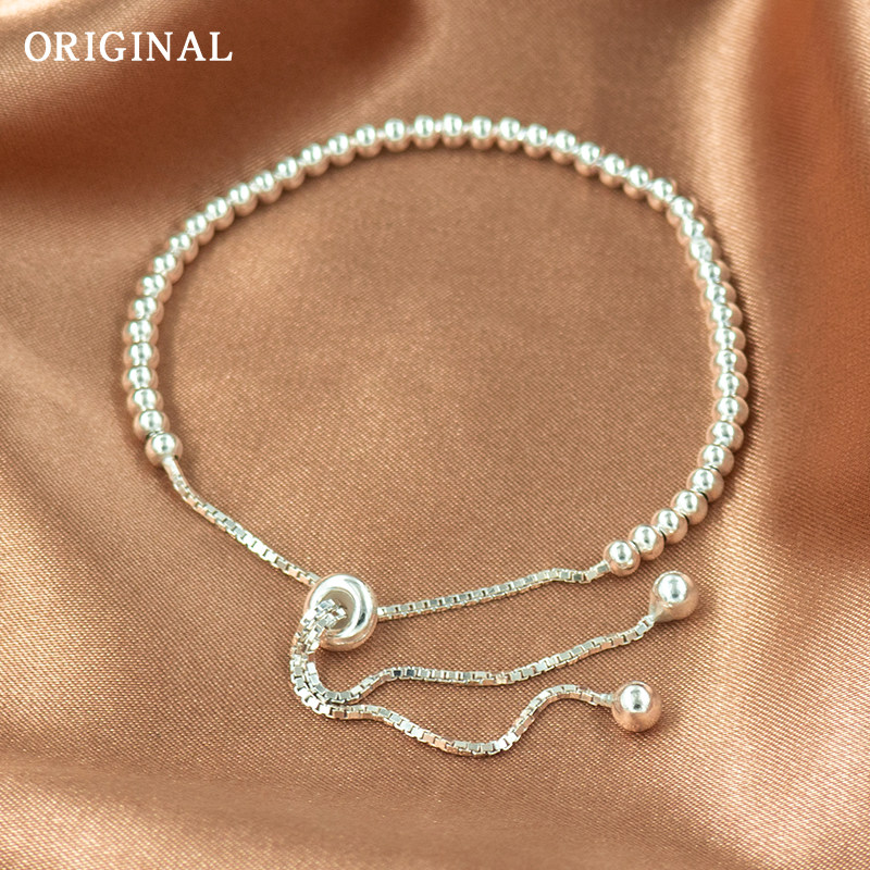 韩国东大门s925纯银银圆珠子手链女抽拉式可调节手链