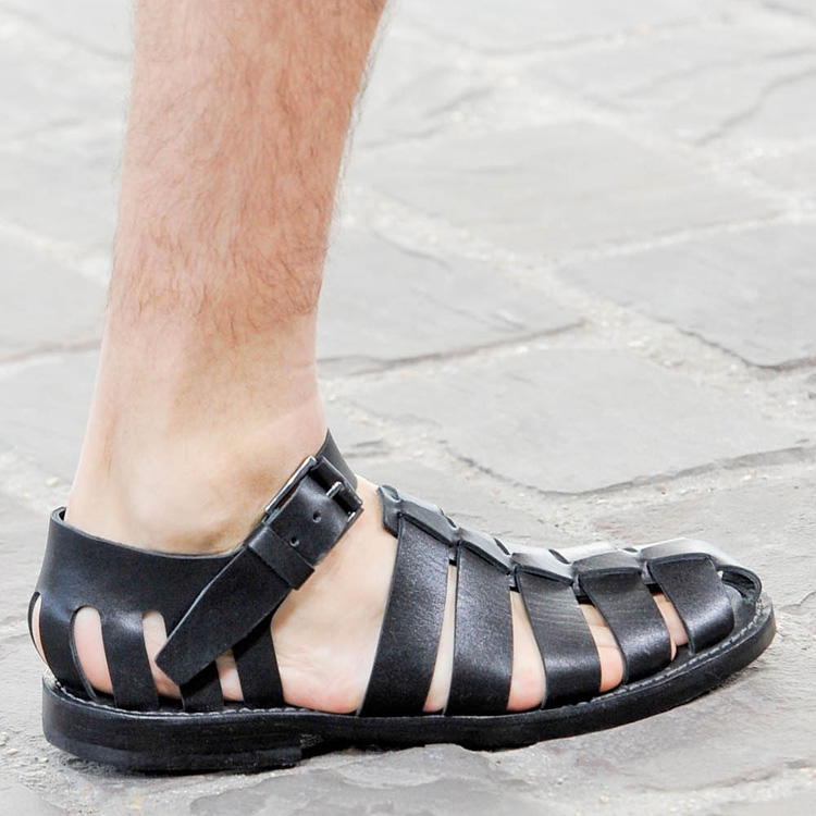 jiniwu2022经典重磅超舒适纯黑牛皮纯手工扣搭欧美男罗马凉鞋男