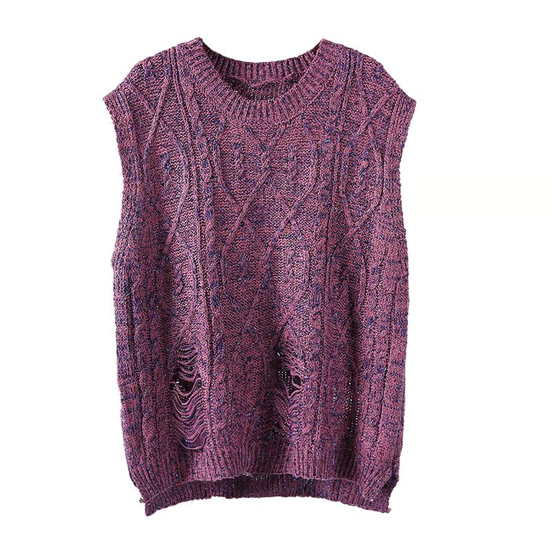 清仓春季新款韩版粗线麻花针织背心女复古慵懒风破洞宽松毛衣马甲