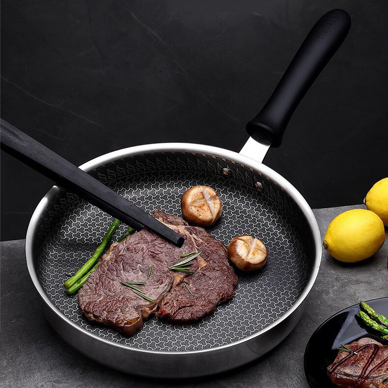 果语美遇蜂窝晶盾平底煎锅不锈钢不粘轻油油烟炒锅