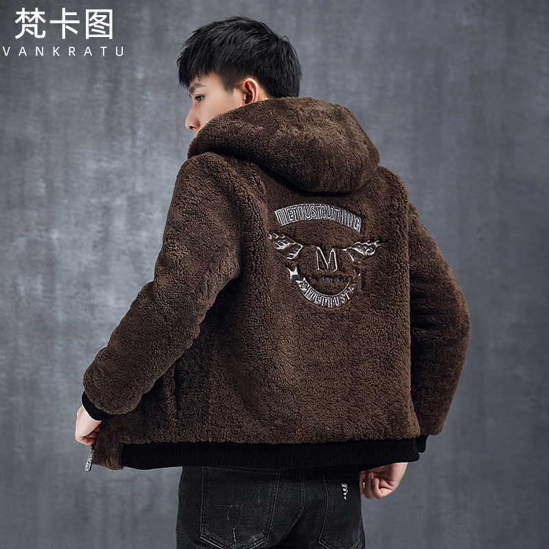 原生态皮毛一体男士真皮皮衣短款连帽刺绣海宁皮草羊羔毛冬季外套