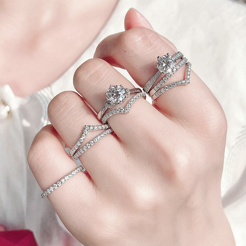 小排钻戒v型戒指女莫桑石925银18k金组合叠戴食指尾戒细搭配护戒